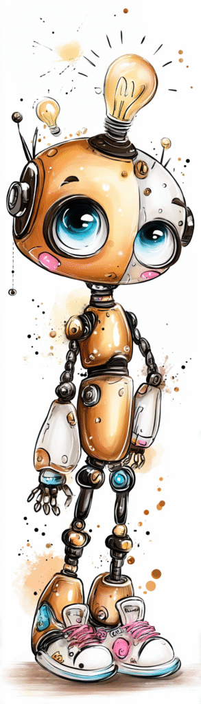 Cute orange and silver cartoon robot with oversized blue eyes, bolts, and pink sneakers standing upright, representing friendly AI for small business automation.